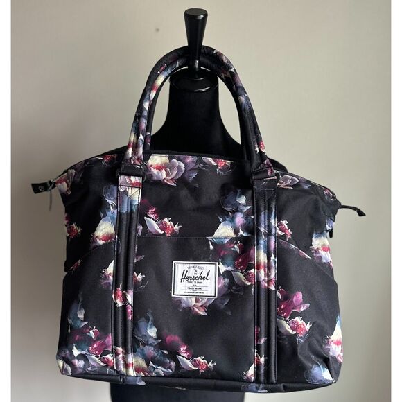 HERSCHEL Black Purple Dark Floral Double Top Handle Large Utility Duffle Bag - Picture 6 of 11